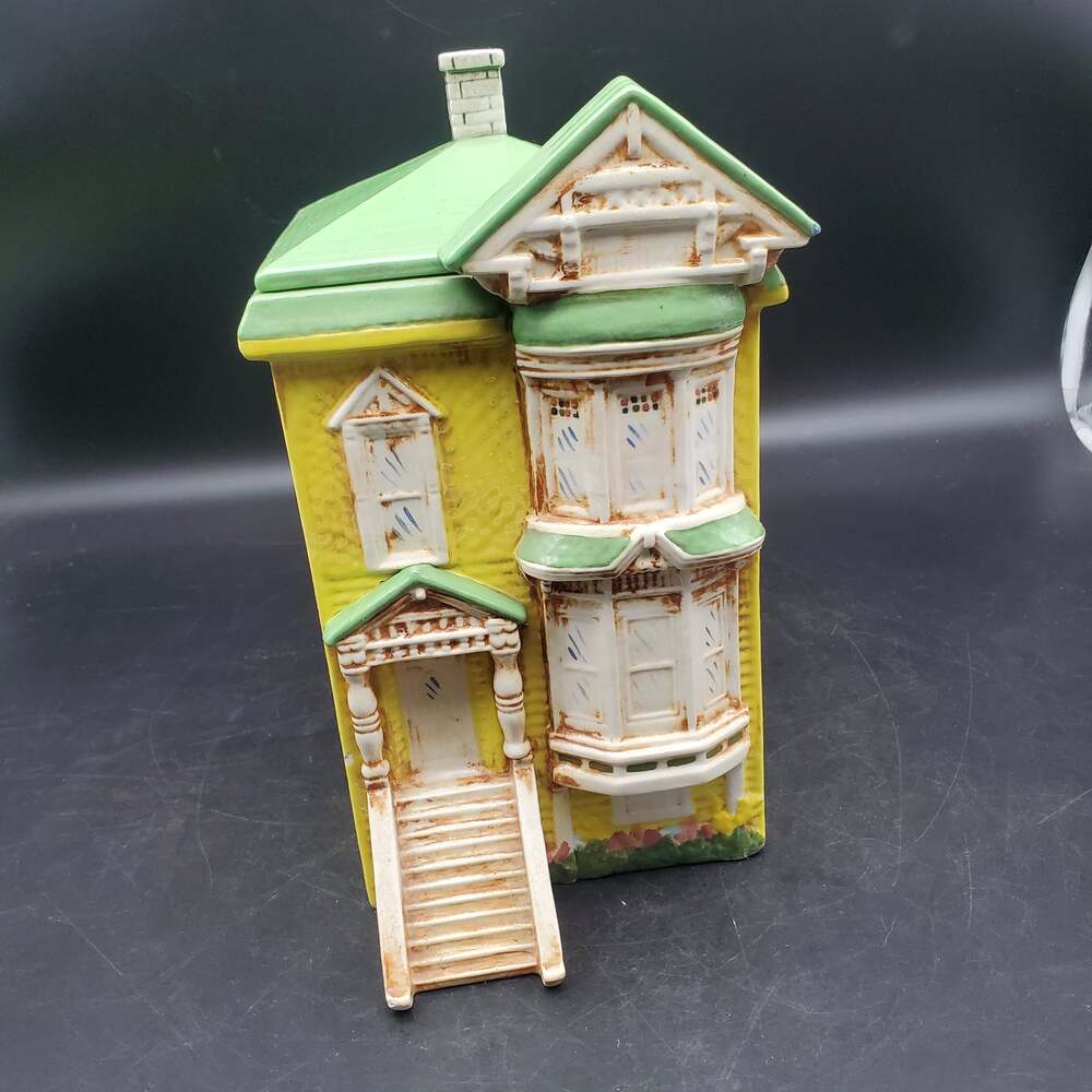 Vintage Victorian House Ceramic Cookie Jar Yellow Green Roof Removable Lid